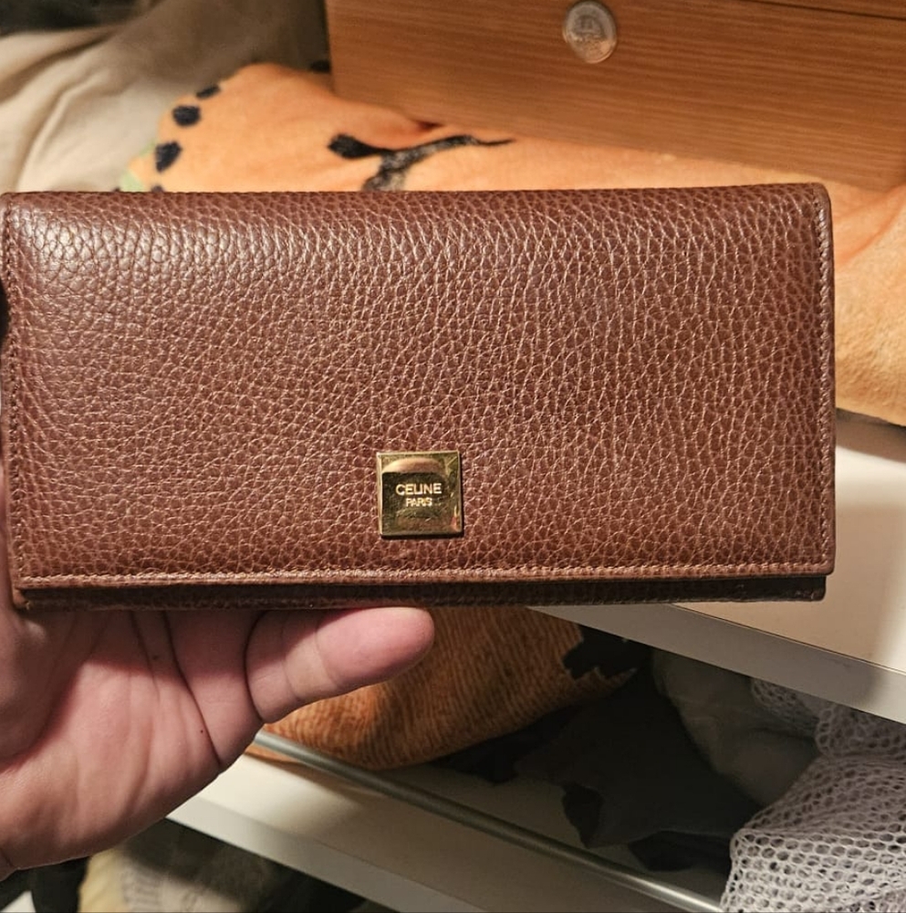 Celine Textured Brown Wallet with Gold Accent